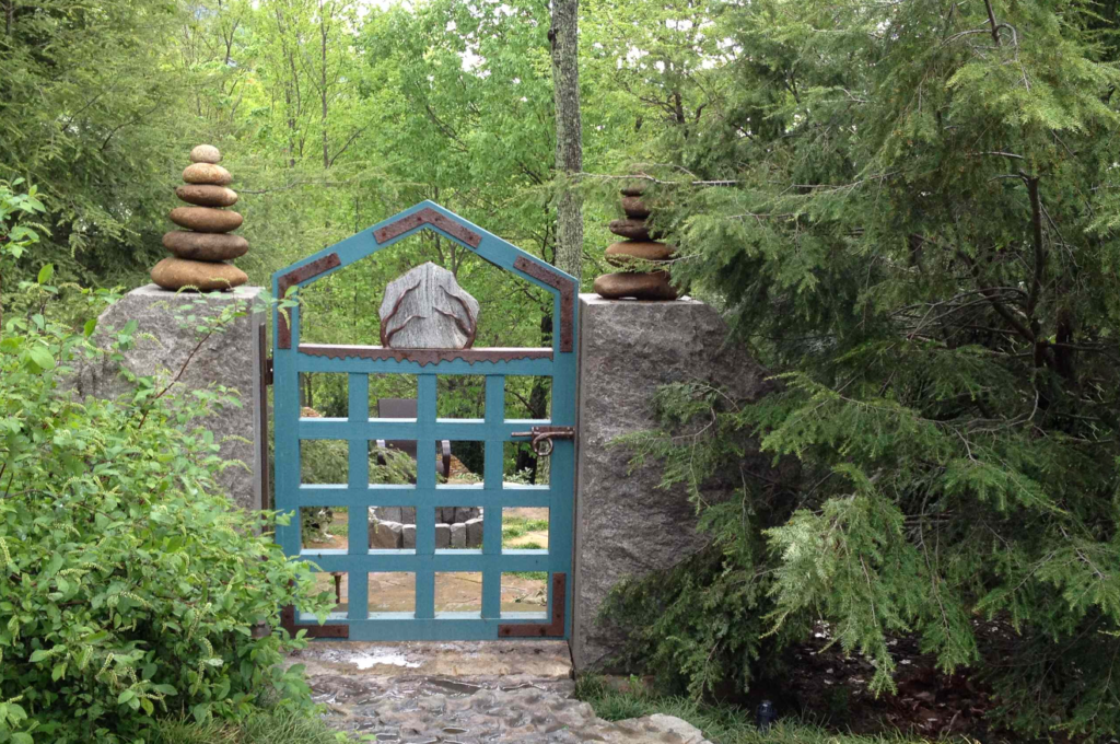 Commercial Landscape Architecture - Closed Blue Gate to Mulitlevel Garden